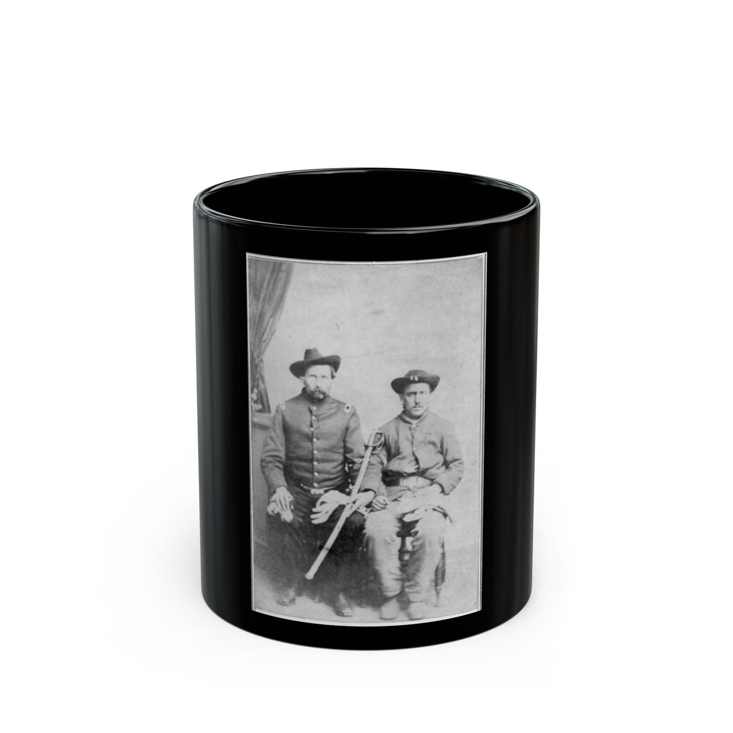 Two Unidentified Civil War Soldiers In Union Uniforms, Seated In A Photographer's Studio; One Is Holding A Saber (U.S. Civil War) Black Coffee Mug-11oz-The Sticker Space