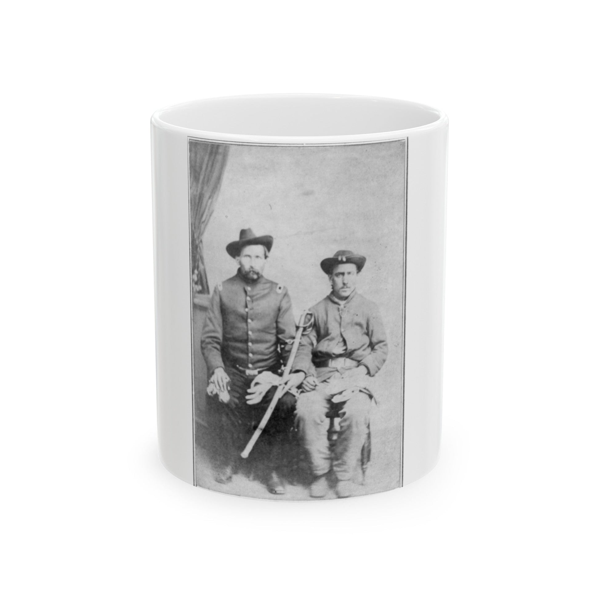 Two Unidentified Civil War Soldiers In Union Uniforms, Seated In A Photographer's Studio; One Is Holding A Saber (U.S. Civil War) White Coffee Mug-11oz-The Sticker Space