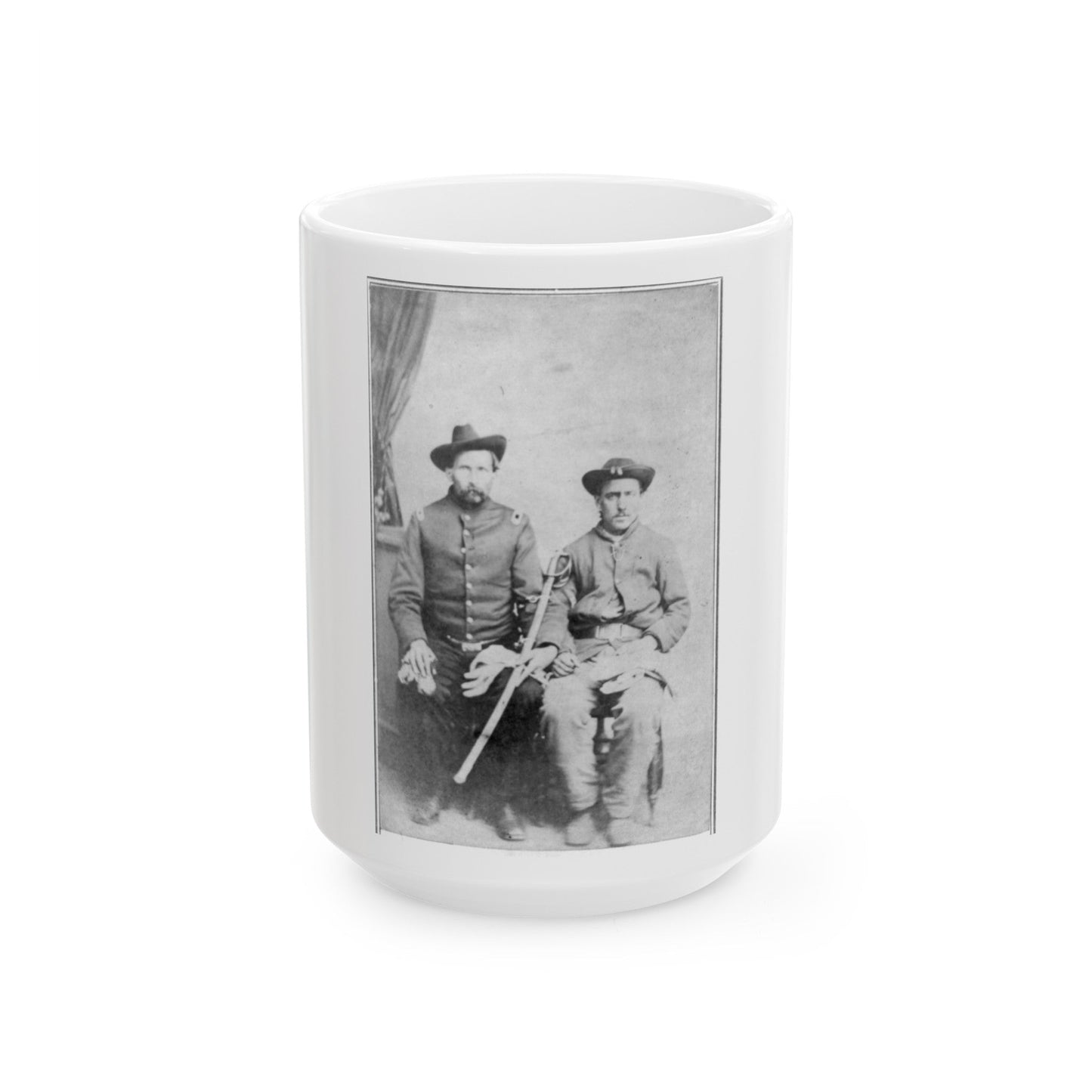 Two Unidentified Civil War Soldiers In Union Uniforms, Seated In A Photographer's Studio; One Is Holding A Saber (U.S. Civil War) White Coffee Mug-15oz-The Sticker Space