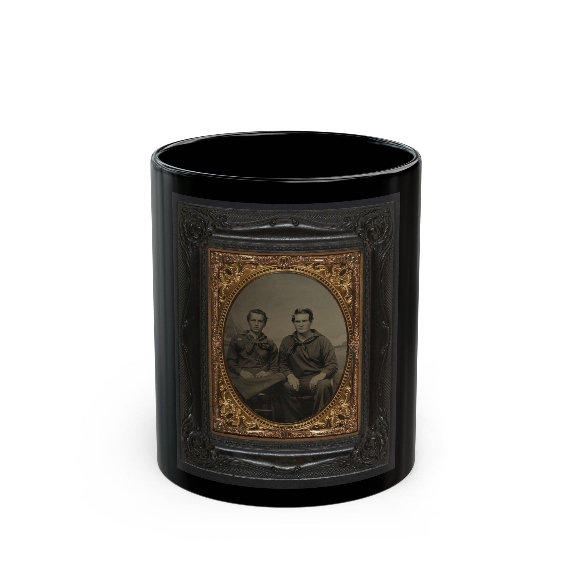 Two Unidentified Sailors In Union Uniforms In Front Of Painted Backdrop Showing Sea With Monitor Class Warship And Another Ship (U.S. Civil War) Black Coffee Mug-11oz-The Sticker Space