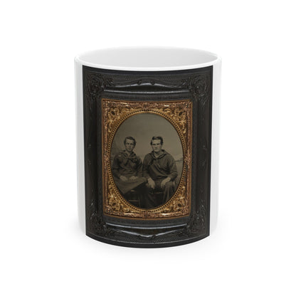 Two Unidentified Sailors In Union Uniforms In Front Of Painted Backdrop Showing Sea With Monitor Class Warship And Another Ship (U.S. Civil War) White Coffee Mug-11oz-The Sticker Space