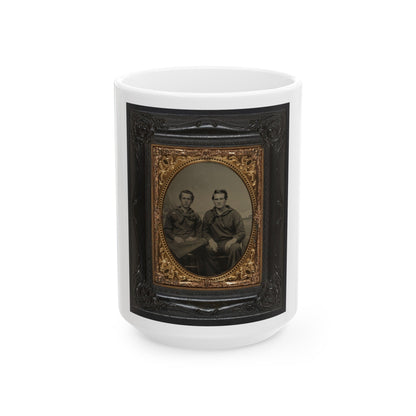 Two Unidentified Sailors In Union Uniforms In Front Of Painted Backdrop Showing Sea With Monitor Class Warship And Another Ship (U.S. Civil War) White Coffee Mug-15oz-The Sticker Space