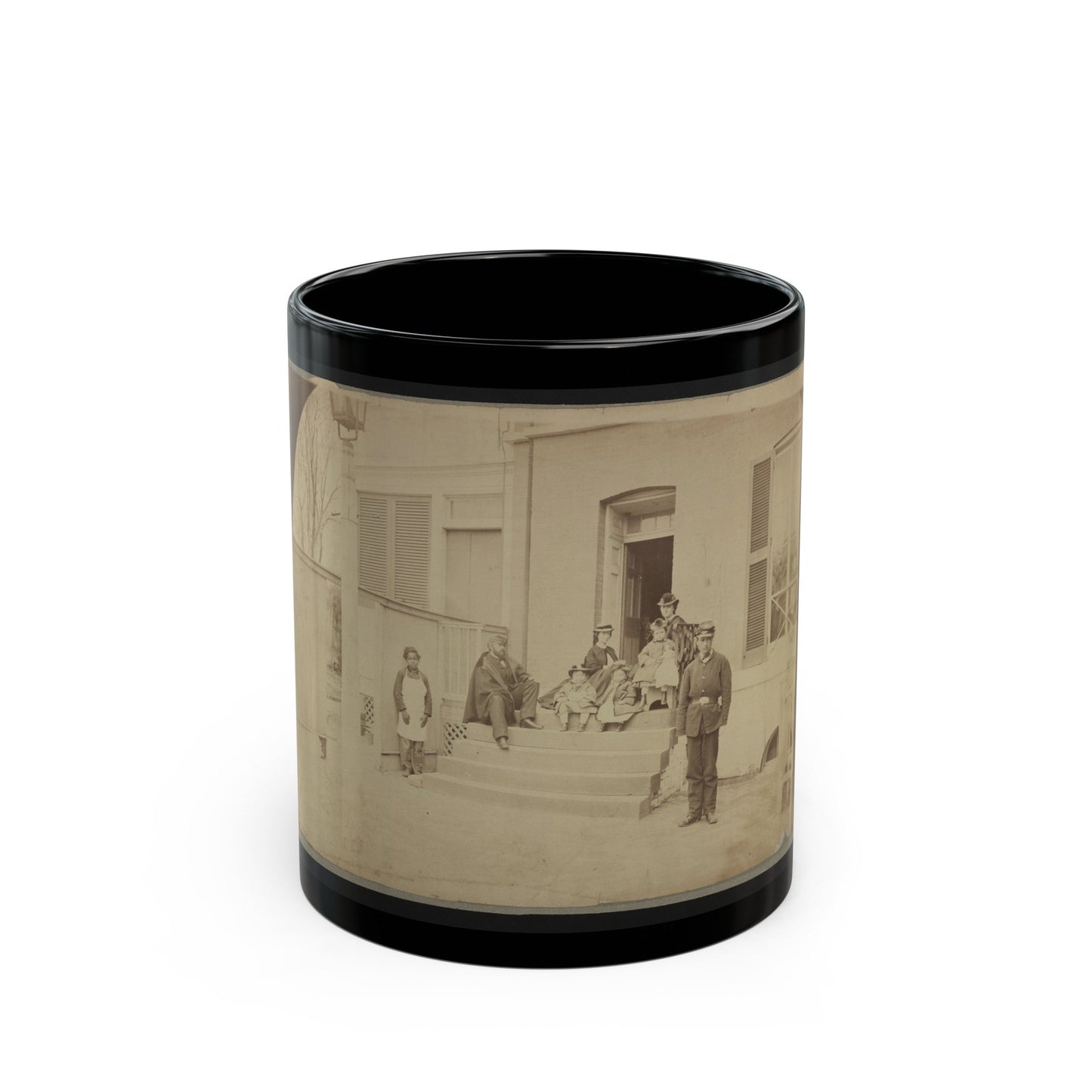 Two Unidentified Soldiers And Others At The Front Steps Of A House (U.S. Civil War) Black Coffee Mug-11oz-The Sticker Space