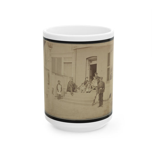 Two Unidentified Soldiers And Others At The Front Steps Of A House (U.S. Civil War) White Coffee Mug-15oz-The Sticker Space