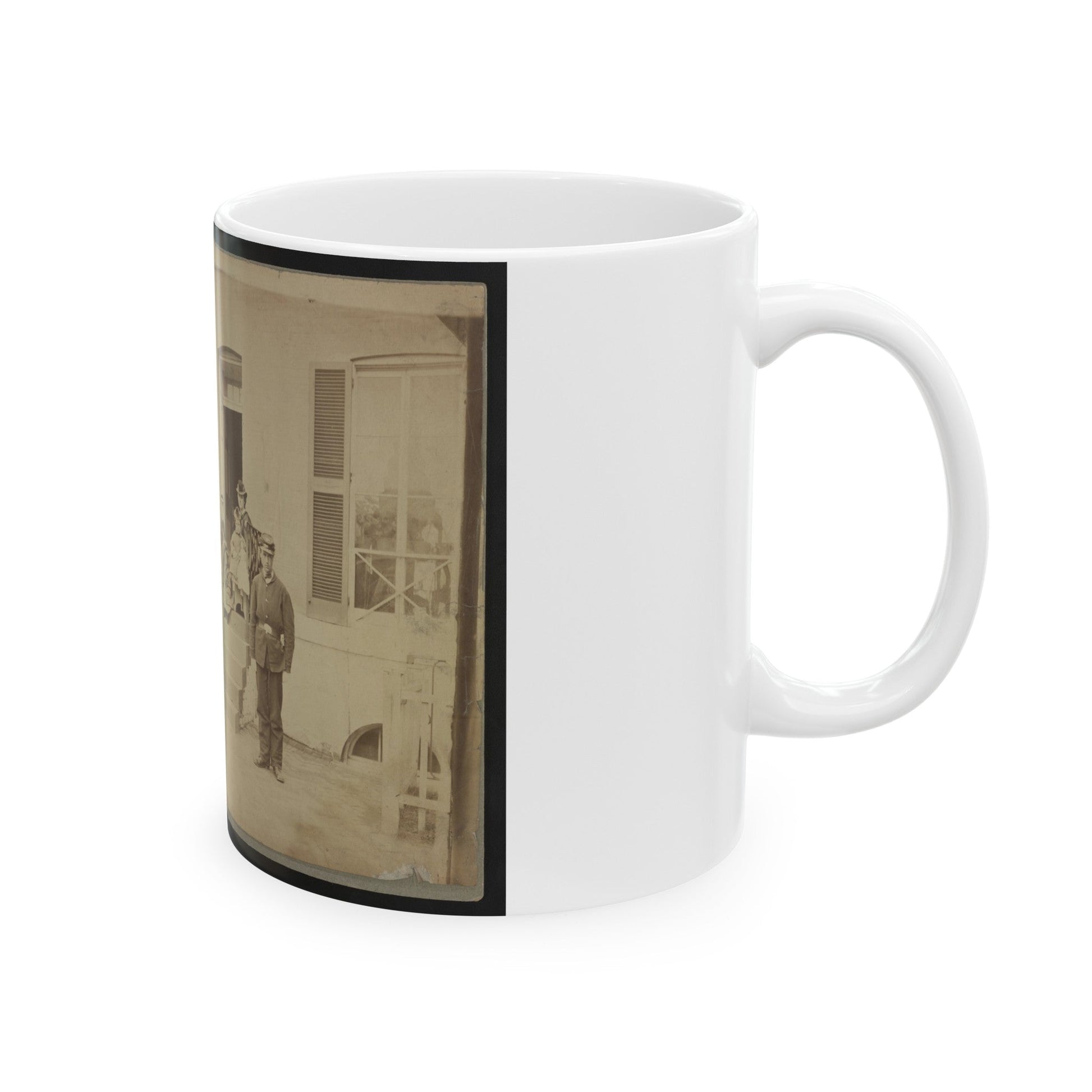 Two Unidentified Soldiers And Others At The Front Steps Of A House (U.S. Civil War) White Coffee Mug-The Sticker Space