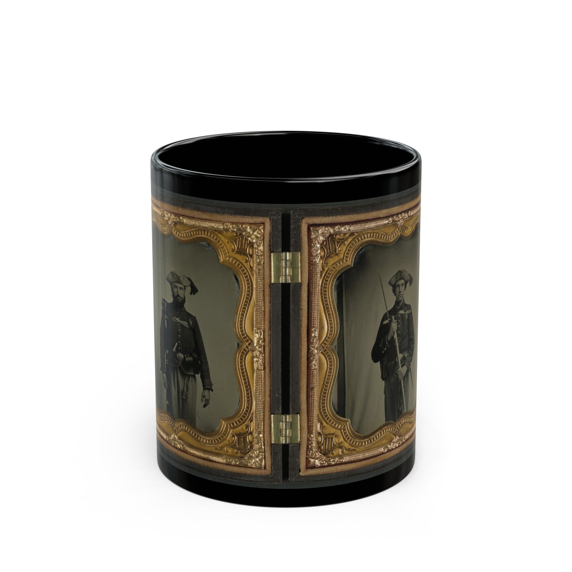 Two Unidentified Soldiers In 34th Ohio Infantry Regiment Uniforms With Bayoneted Muskets (U.S. Civil War) Black Coffee Mug-11oz-The Sticker Space