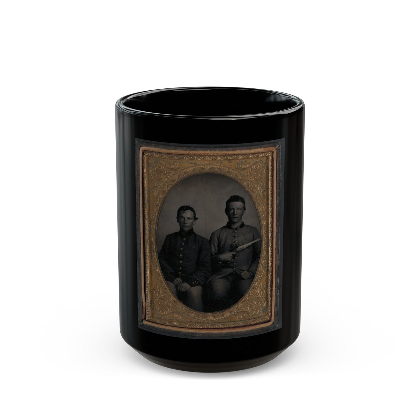 Two Unidentified Soldiers In Confederate Uniforms, One With Flintlock Pistol (U.S. Civil War) Black Coffee Mug-15oz-The Sticker Space