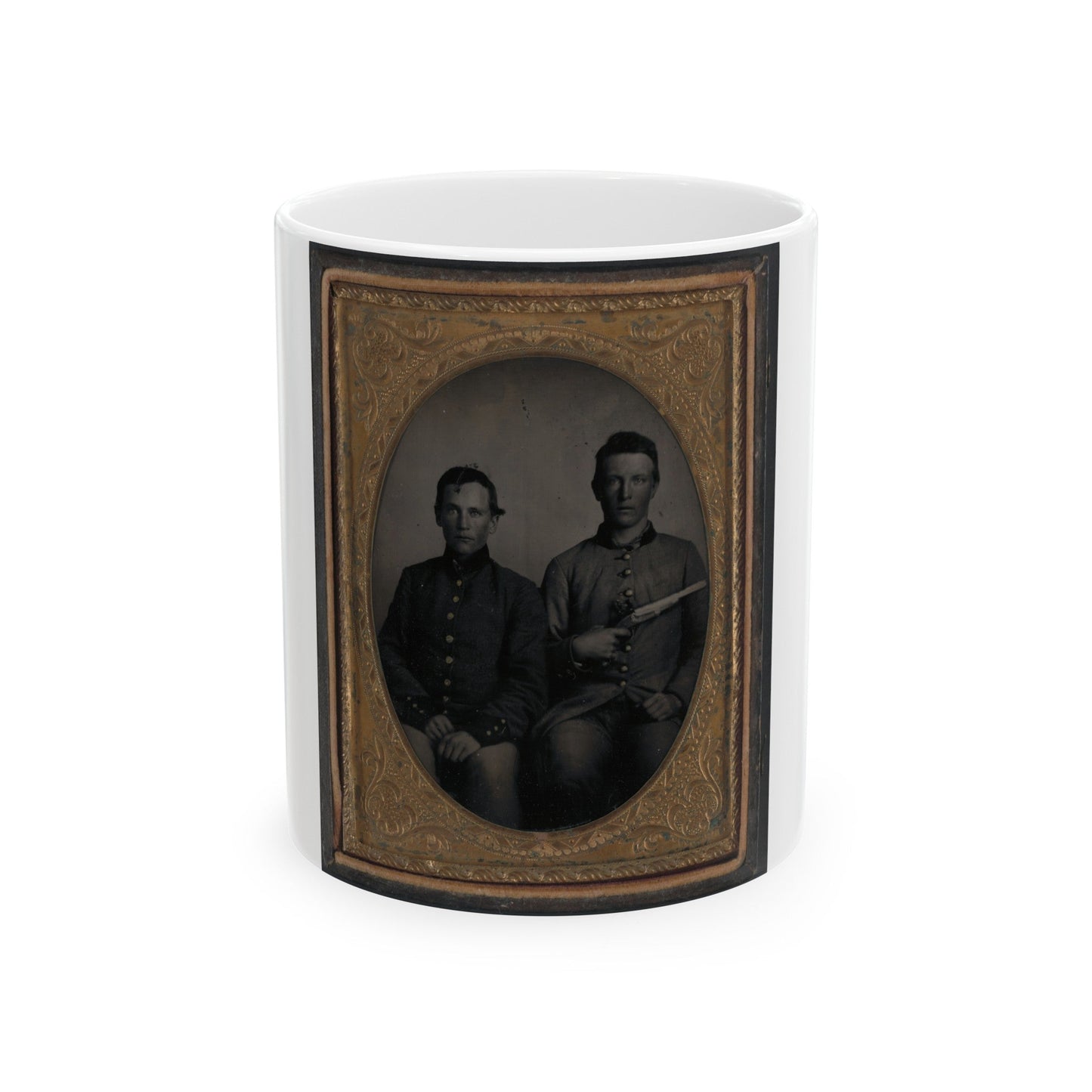 Two Unidentified Soldiers In Confederate Uniforms, One With Flintlock Pistol (U.S. Civil War) White Coffee Mug-11oz-The Sticker Space