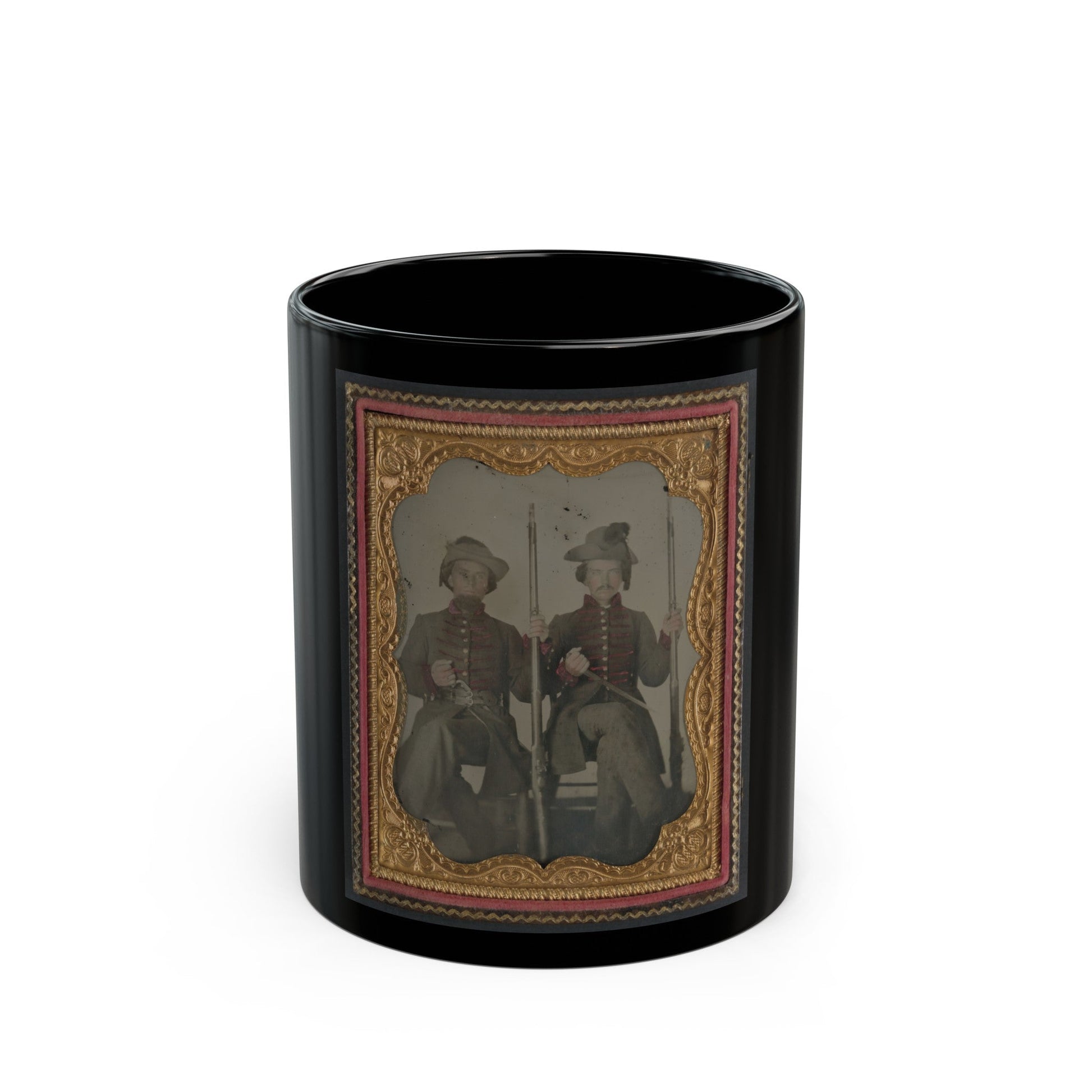 Two Unidentified Soldiers In Confederate Uniforms With Muskets And Bayonets (U.S. Civil War) Black Coffee Mug-11oz-The Sticker Space