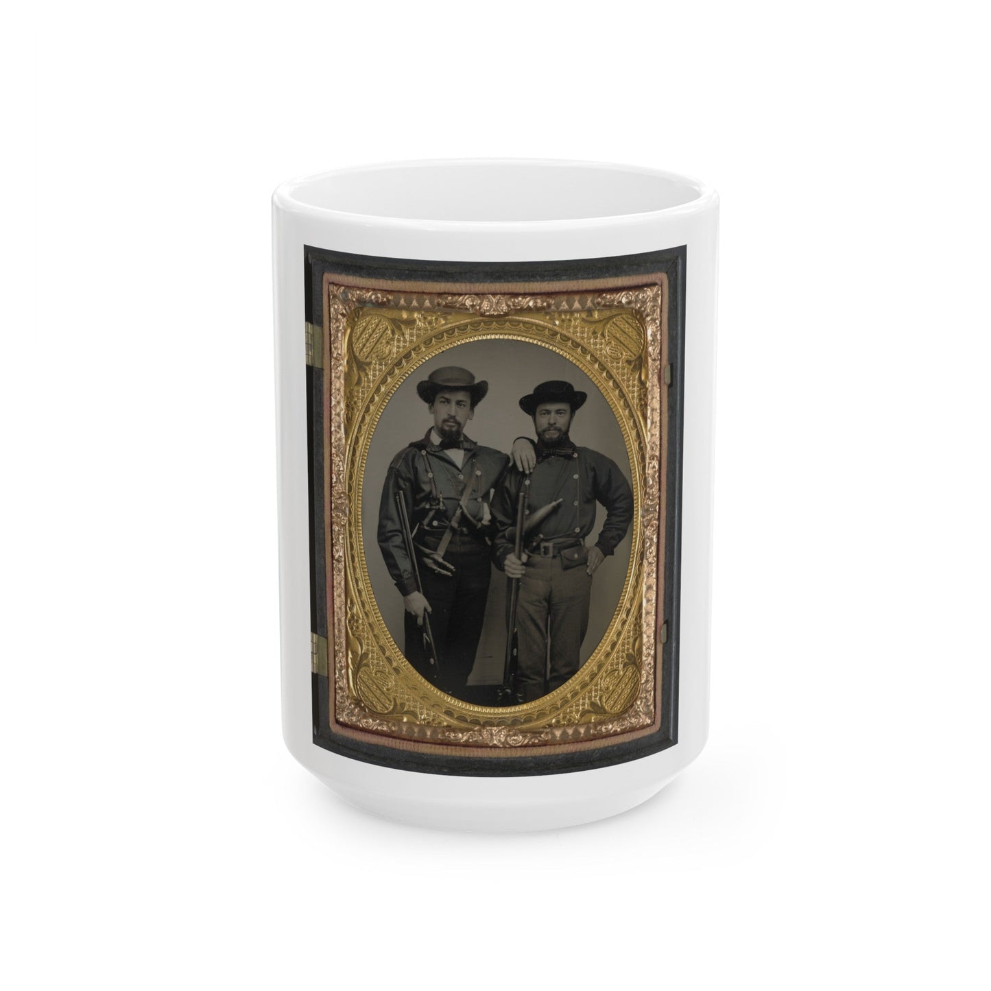 Two Unidentified Soldiers In Mississippi Battle Shirts With Double Barrel Shotguns, Knives, And Powder Horns (U.S. Civil War) White Coffee Mug-15oz-The Sticker Space