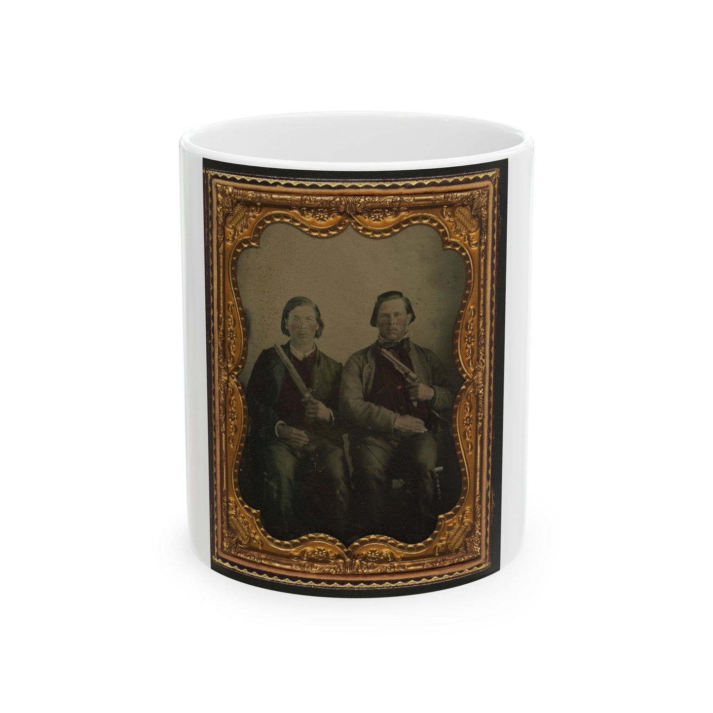 Two Unidentified Soldiers In Non-Regulation Confederate Uniforms With Single Shot Pistol And Colt Army Model 1860 Revolver (U.S. Civil War) White Coffee Mug-11oz-The Sticker Space