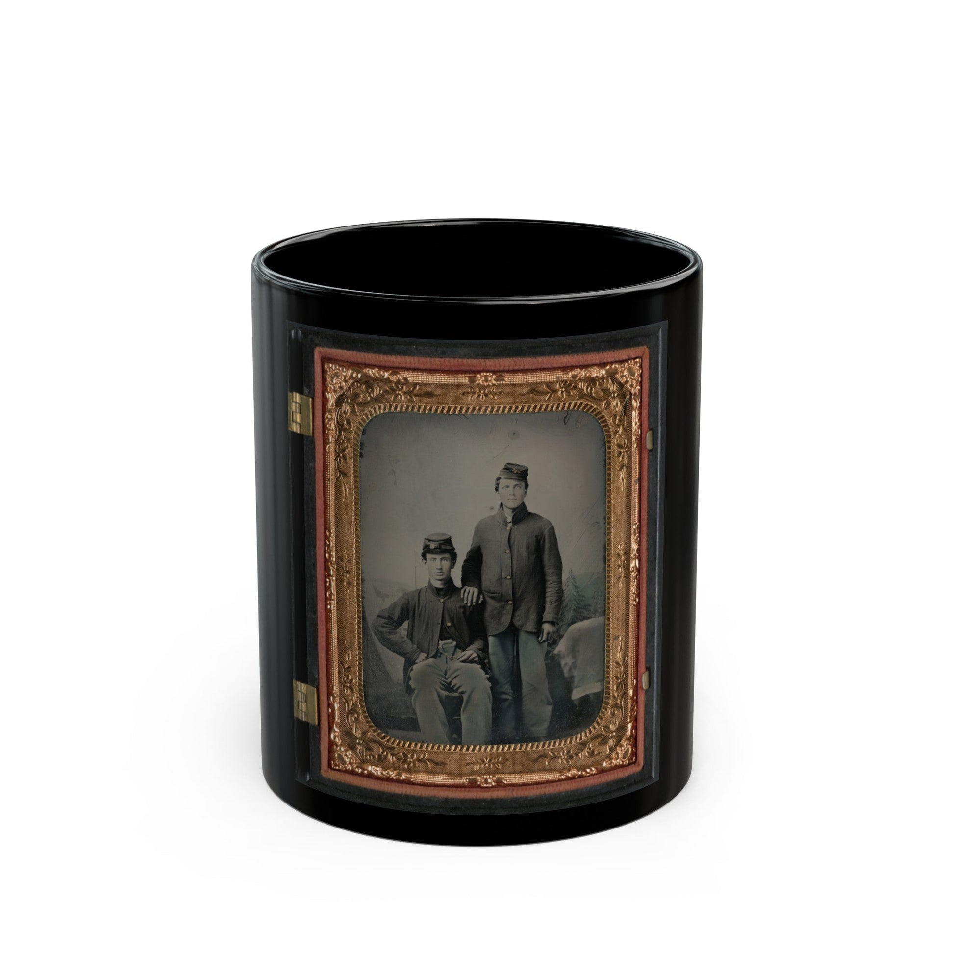 Two Unidentified Soldiers In Union Sack Coats In Front Of Painted Backdrop Showing Tent And Pine Trees (U.S. Civil War) Black Coffee Mug-11oz-The Sticker Space