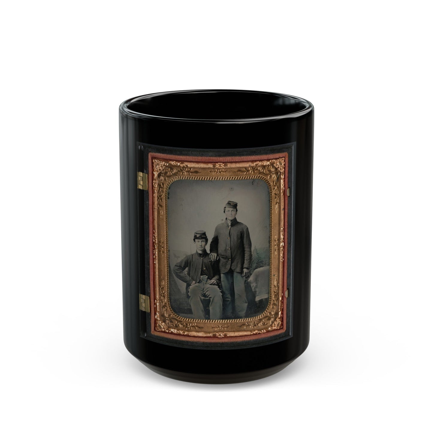 Two Unidentified Soldiers In Union Sack Coats In Front Of Painted Backdrop Showing Tent And Pine Trees (U.S. Civil War) Black Coffee Mug-15oz-The Sticker Space