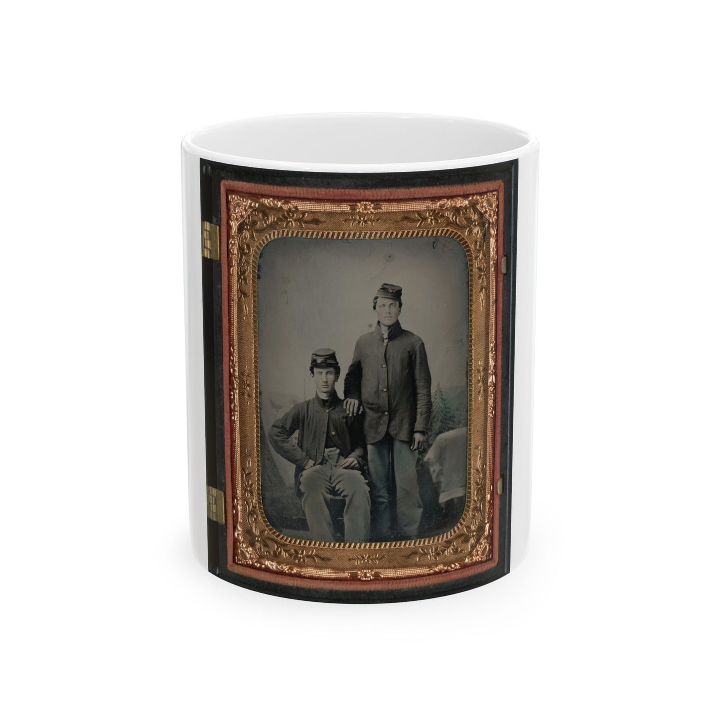 Two Unidentified Soldiers In Union Sack Coats In Front Of Painted Backdrop Showing Tent And Pine Trees (U.S. Civil War) White Coffee Mug-11oz-The Sticker Space