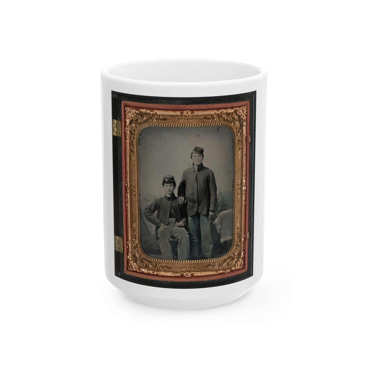 Two Unidentified Soldiers In Union Sack Coats In Front Of Painted Backdrop Showing Tent And Pine Trees (U.S. Civil War) White Coffee Mug-15oz-The Sticker Space