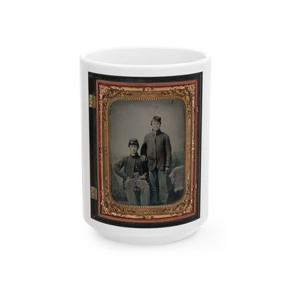 Two Unidentified Soldiers In Union Sack Coats In Front Of Painted Backdrop Showing Tent And Pine Trees (U.S. Civil War) White Coffee Mug-15oz-The Sticker Space