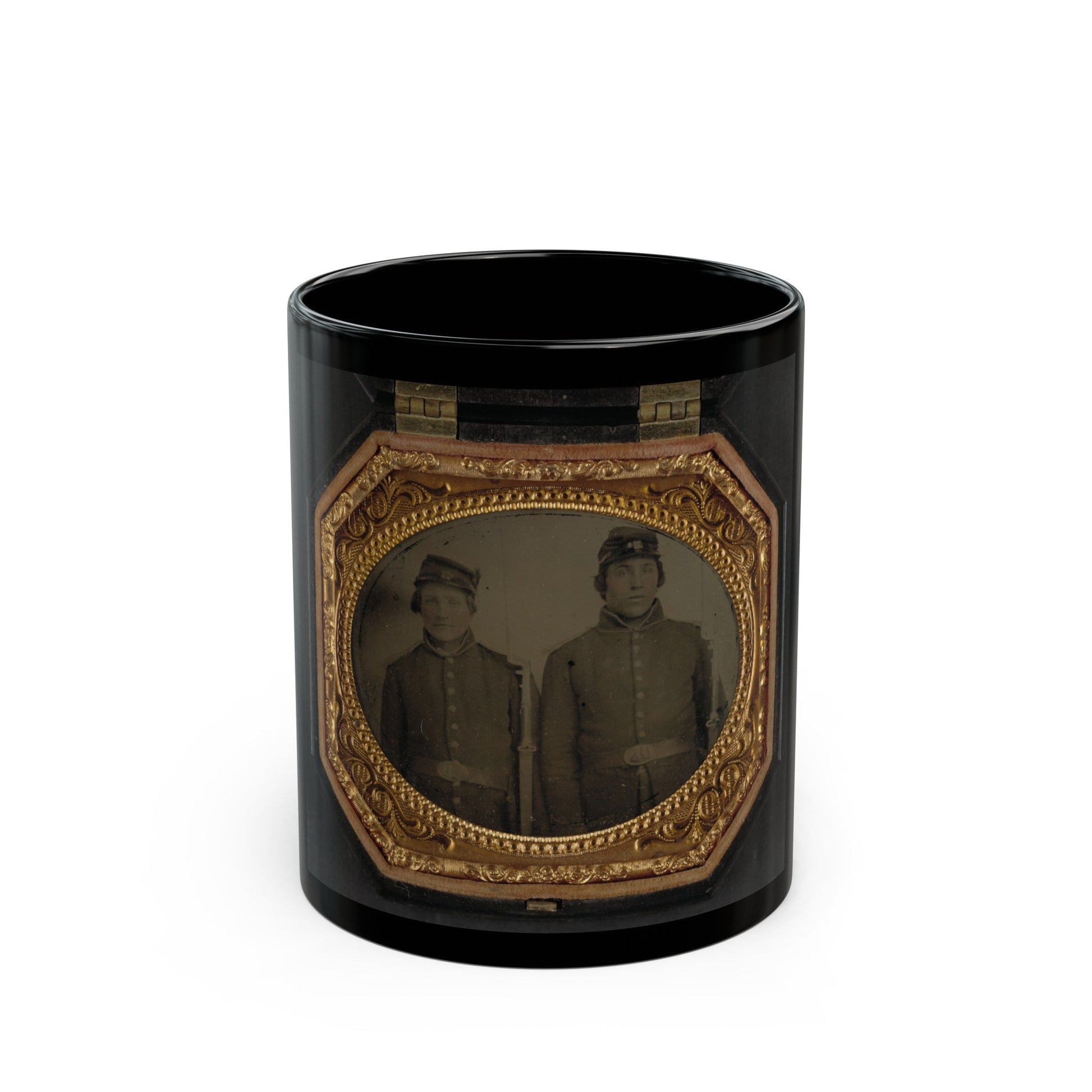 Two Unidentified Soldiers In Union Uniforms And Forage Caps With Bayoneted Muskets (U.S. Civil War) Black Coffee Mug-11oz-The Sticker Space