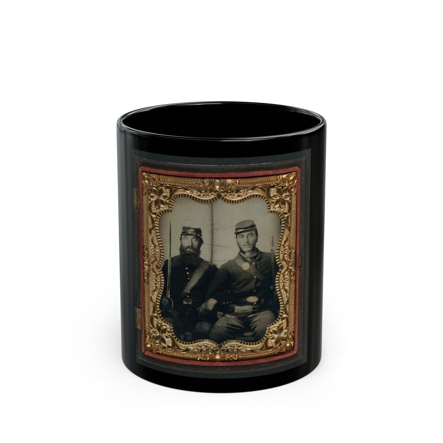 Two Unidentified Soldiers In Union Uniforms And Forage Caps With Saber And Musket (U.S. Civil War) Black Coffee Mug-11oz-The Sticker Space