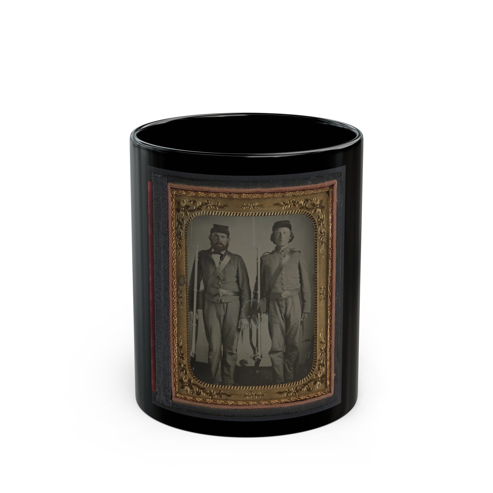 Two Unidentified Soldiers In Union Uniforms And Ohio Volunteer Belt Buckles With Bayoneted Muskets (U.S. Civil War) Black Coffee Mug-11oz-The Sticker Space