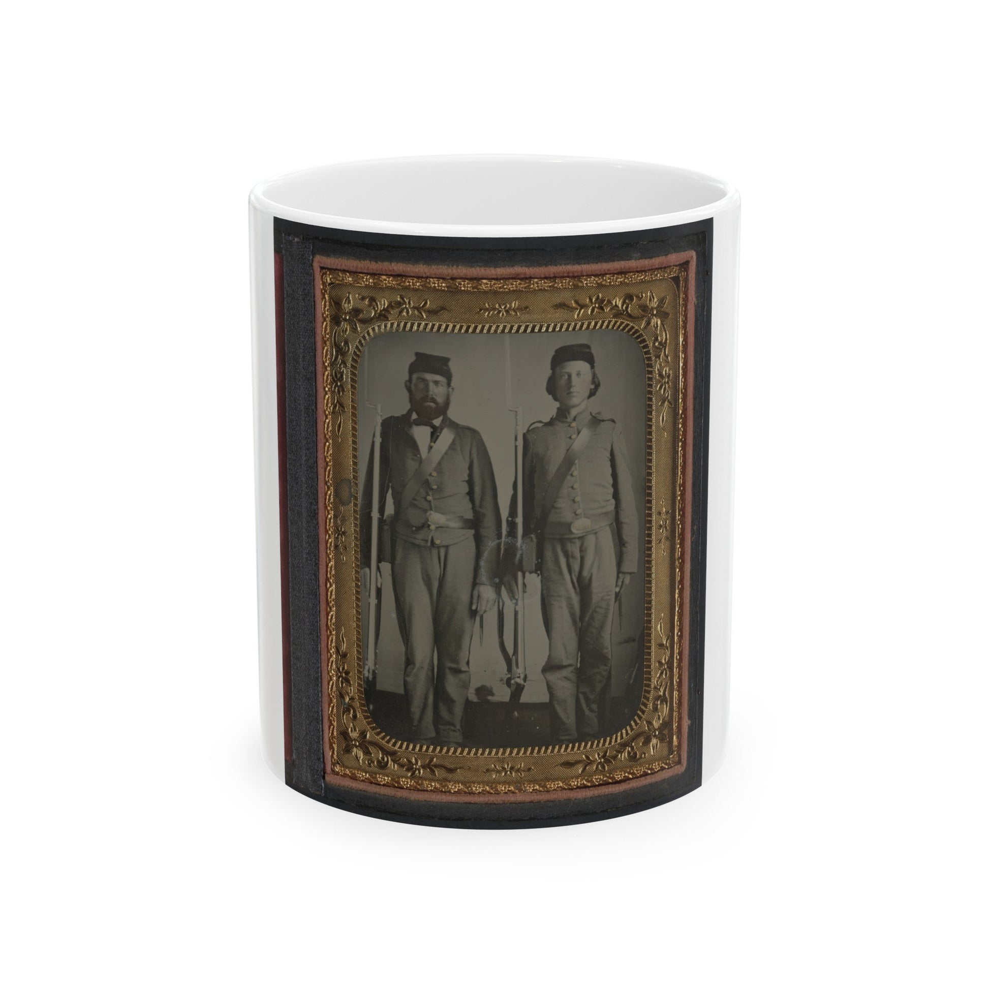 Two Unidentified Soldiers In Union Uniforms And Ohio Volunteer Belt Buckles With Bayoneted Muskets (U.S. Civil War) White Coffee Mug-11oz-The Sticker Space