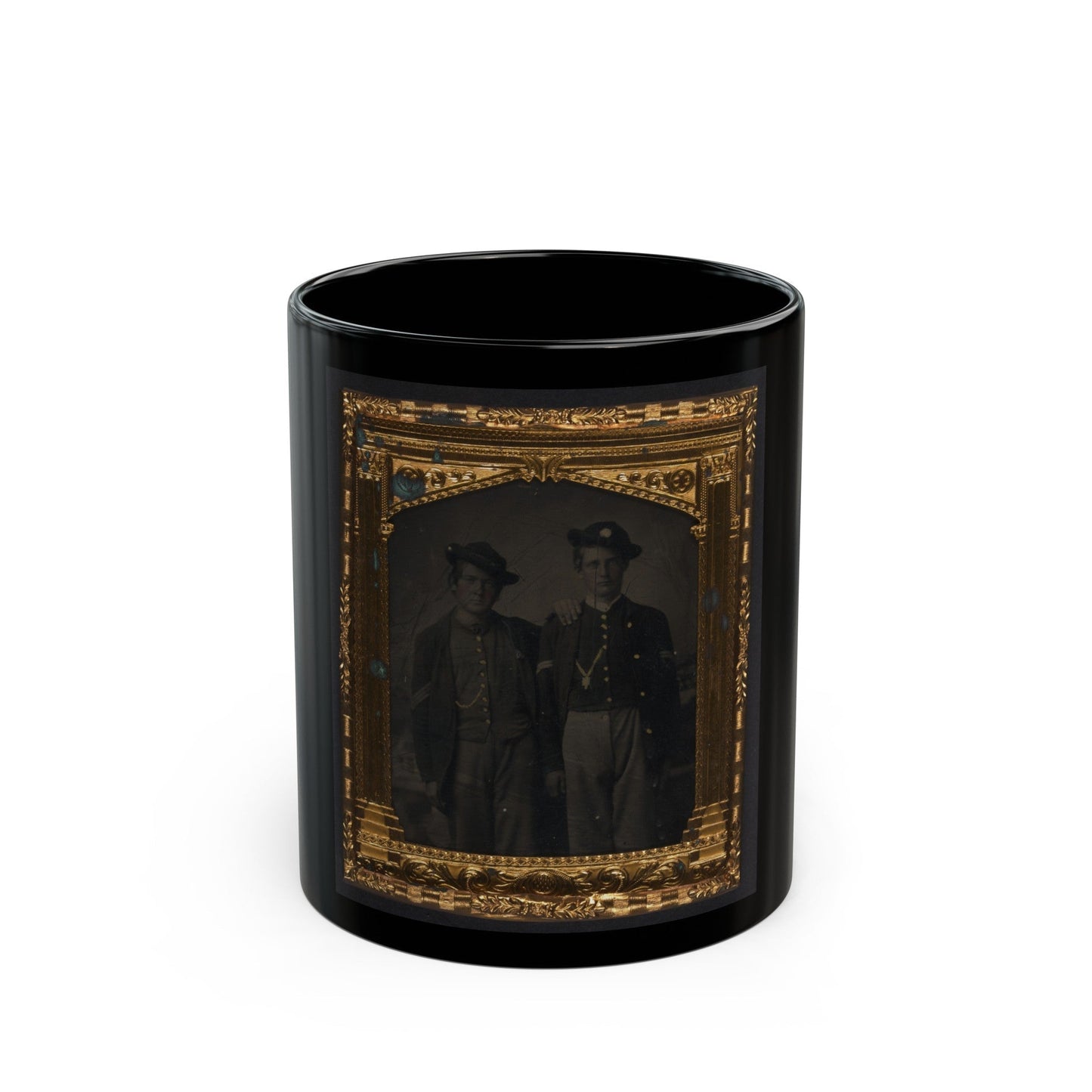 Two Unidentified Soldiers In Union Uniforms And Slouch Hats In Front Of Painted Backdrop (U.S. Civil War) Black Coffee Mug-11oz-The Sticker Space