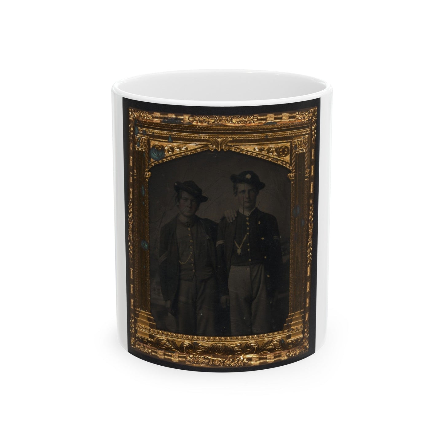 Two Unidentified Soldiers In Union Uniforms And Slouch Hats In Front Of Painted Backdrop (U.S. Civil War) White Coffee Mug-11oz-The Sticker Space