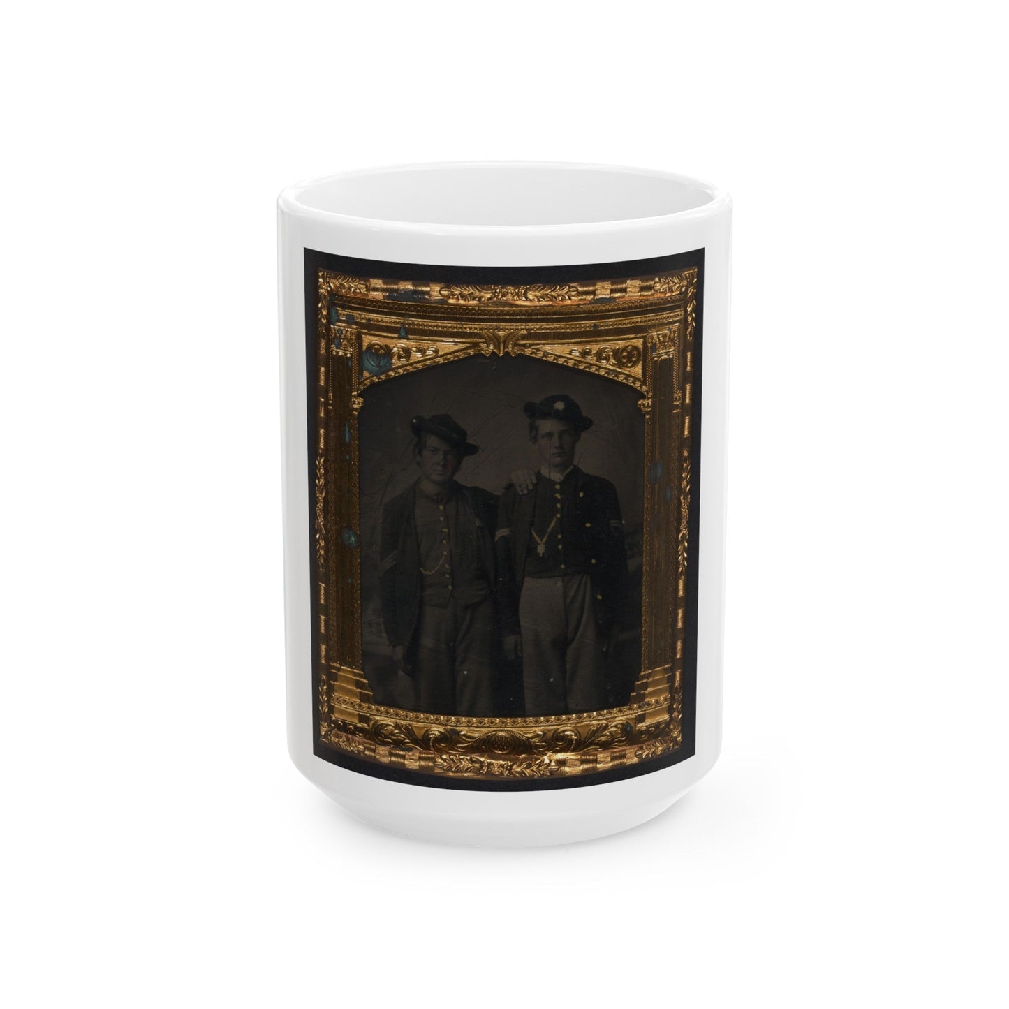 Two Unidentified Soldiers In Union Uniforms And Slouch Hats In Front Of Painted Backdrop (U.S. Civil War) White Coffee Mug-15oz-The Sticker Space