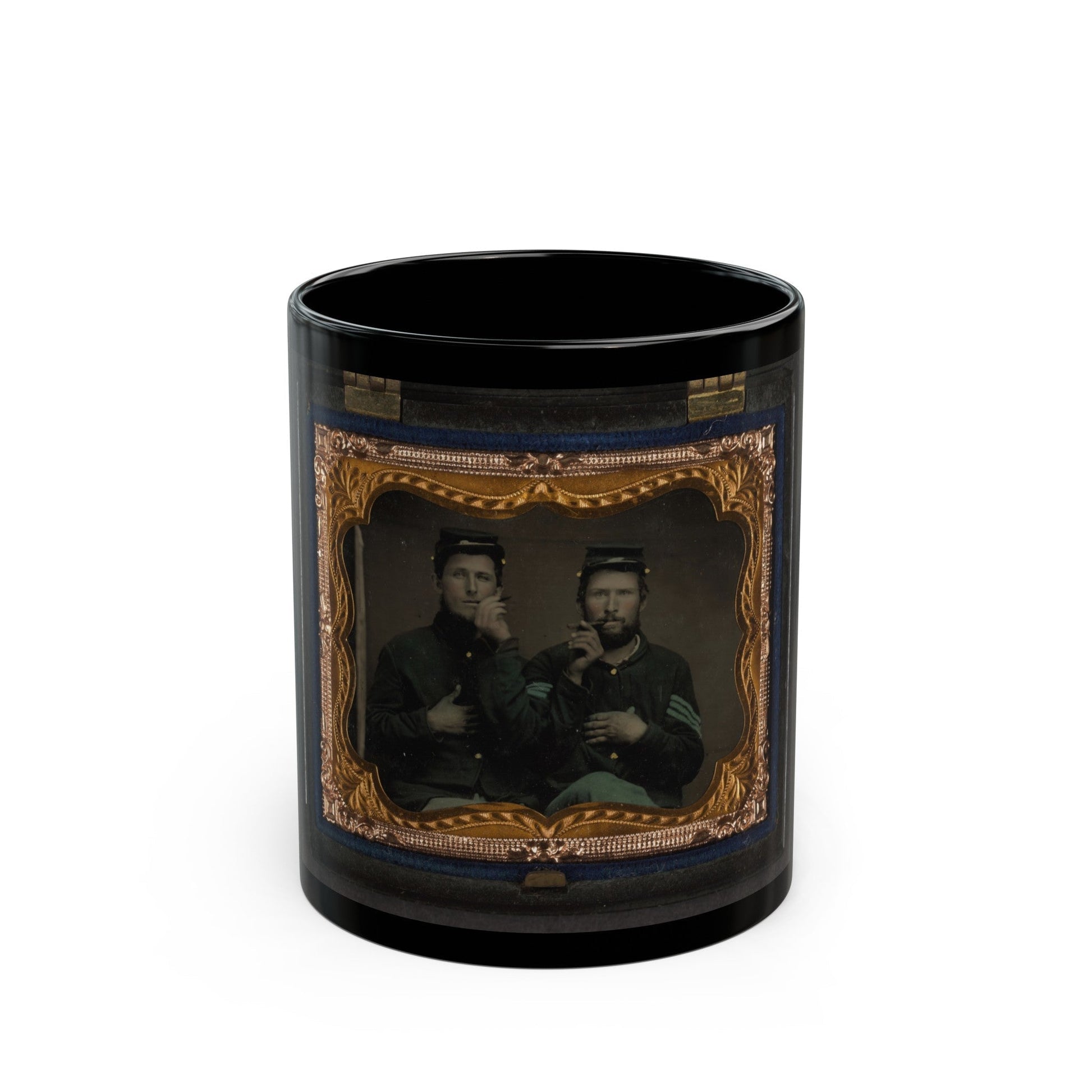 Two Unidentified Soldiers In Union Uniforms Holding Cigars In Each Others' Mouths (U.S. Civil War) Black Coffee Mug-11oz-The Sticker Space