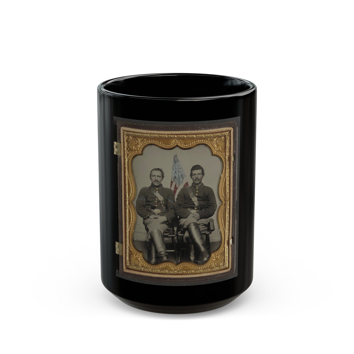 Two Unidentified Soldiers In Union Uniforms In Front Of American Flag (U.S. Civil War) Black Coffee Mug-15oz-The Sticker Space