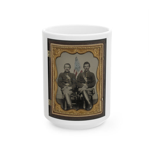 Two Unidentified Soldiers In Union Uniforms In Front Of American Flag (U.S. Civil War) White Coffee Mug-15oz-The Sticker Space