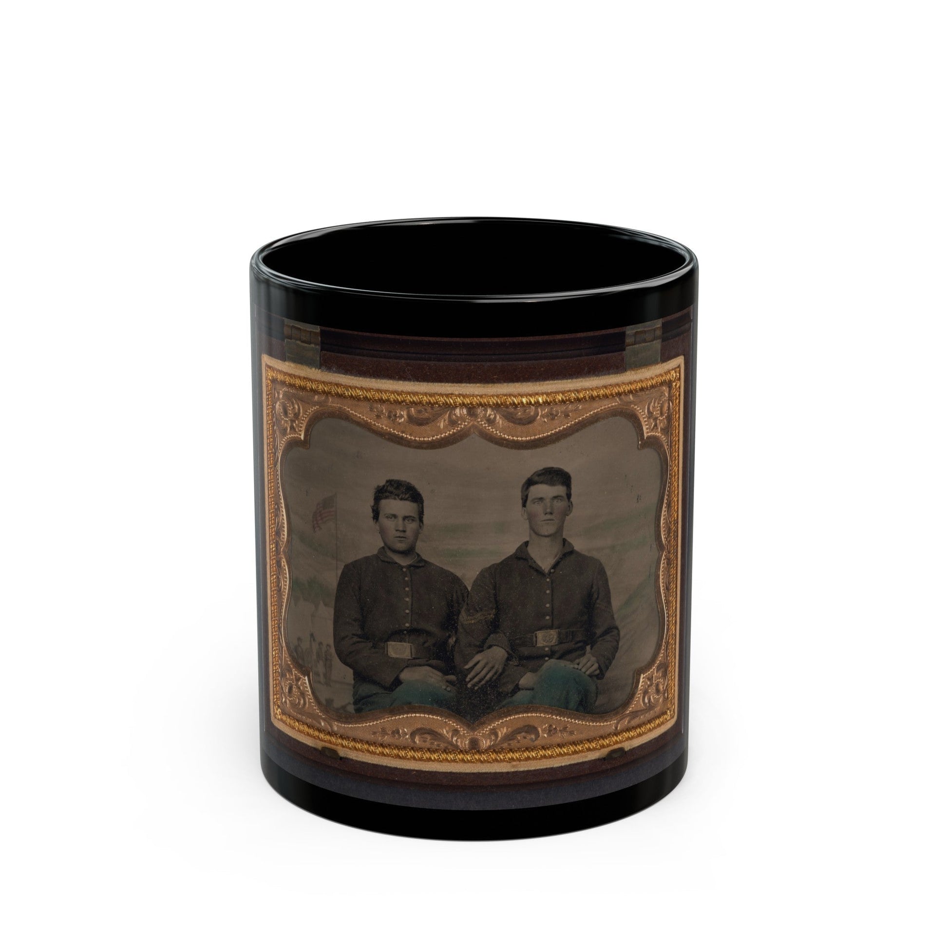 Two Unidentified Soldiers In Union Uniforms In Front Of Painted Backdrop Showing Military Camp Scene (U.S. Civil War) Black Coffee Mug-11oz-The Sticker Space