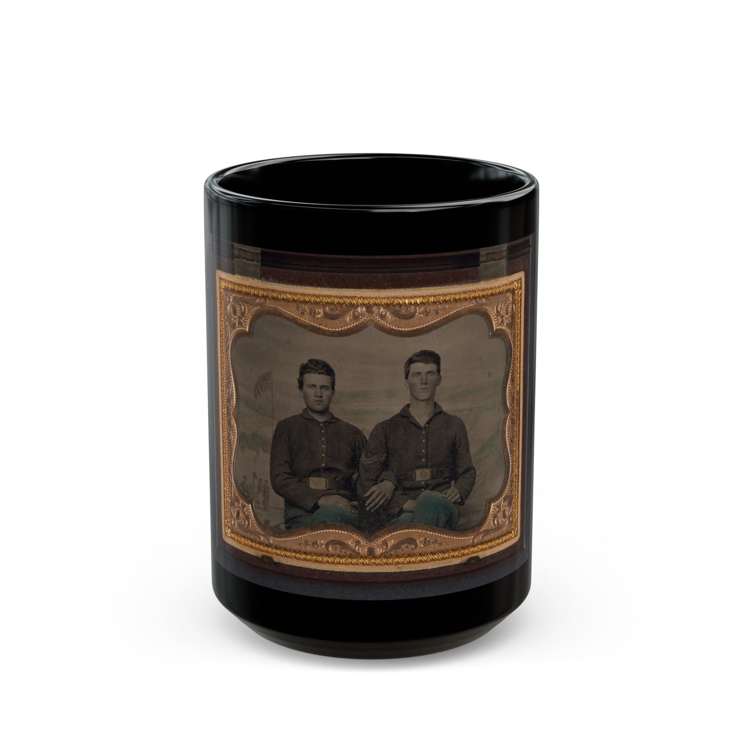 Two Unidentified Soldiers In Union Uniforms In Front Of Painted Backdrop Showing Military Camp Scene (U.S. Civil War) Black Coffee Mug-15oz-The Sticker Space