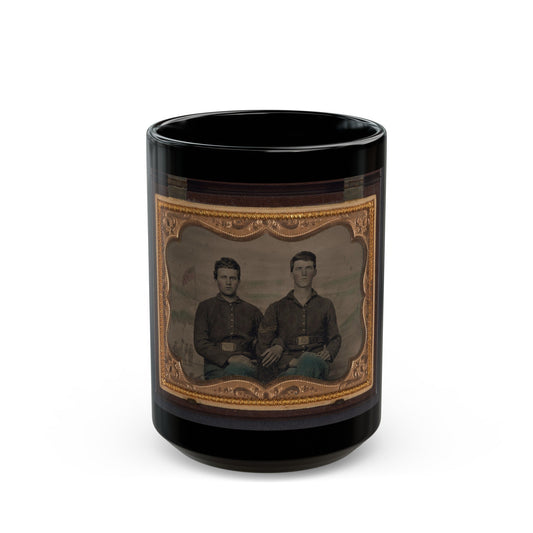 Two Unidentified Soldiers In Union Uniforms In Front Of Painted Backdrop Showing Military Camp Scene (U.S. Civil War) Black Coffee Mug-15oz-The Sticker Space