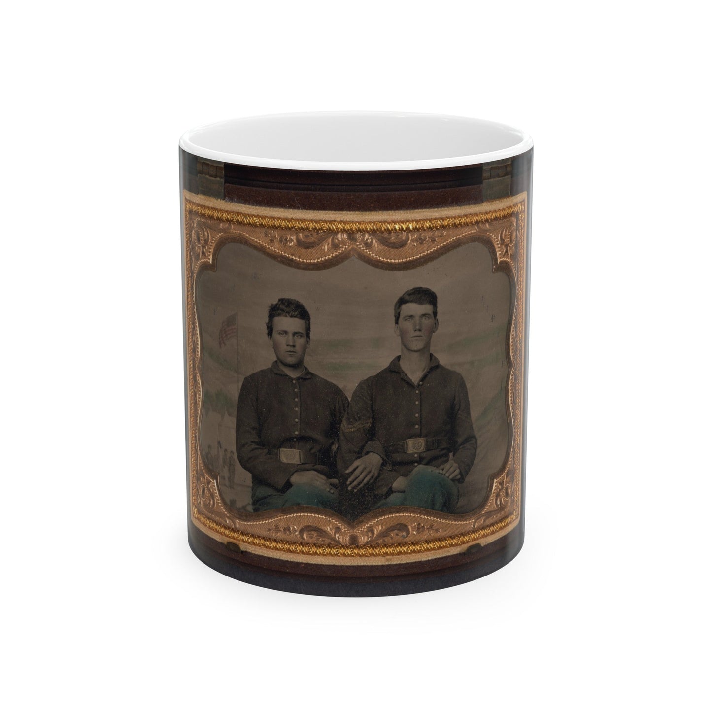 Two Unidentified Soldiers In Union Uniforms In Front Of Painted Backdrop Showing Military Camp Scene (U.S. Civil War) White Coffee Mug-11oz-The Sticker Space