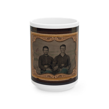 Two Unidentified Soldiers In Union Uniforms In Front Of Painted Backdrop Showing Military Camp Scene (U.S. Civil War) White Coffee Mug-15oz-The Sticker Space