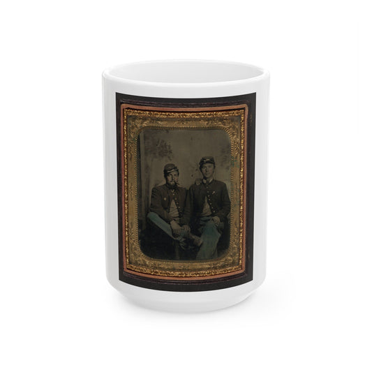 Two Unidentified Soldiers In Union Uniforms In Front Of Painted Backdrop Showing Trees (U.S. Civil War) White Coffee Mug-15oz-The Sticker Space