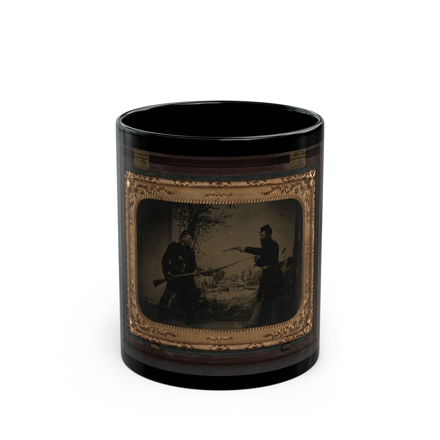 Two Unidentified Soldiers In Union Uniforms Posing With Bayoneted Springfield Model 1861 (U.S. Civil War) Black Coffee Mug-11oz-The Sticker Space