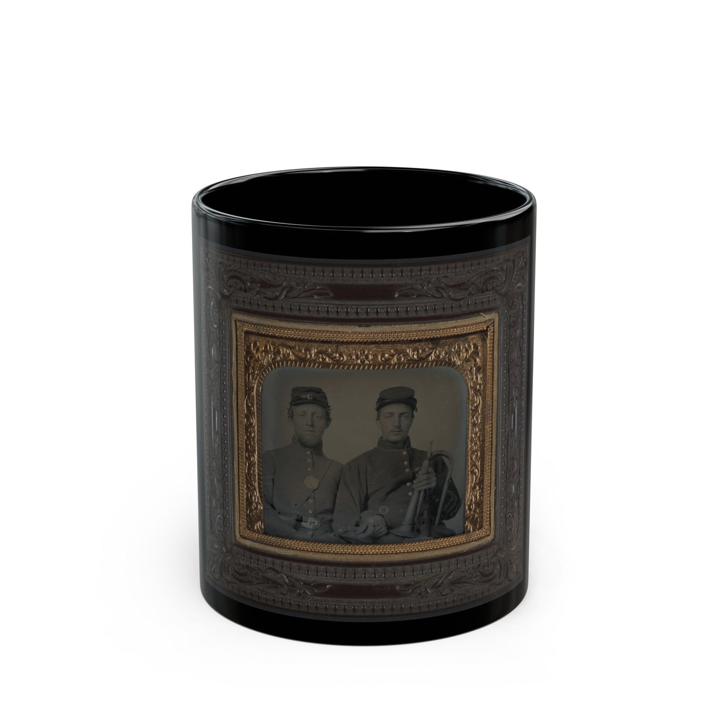 Two Unidentified Soldiers In Union Uniforms With Linked Arms; One Holding Bugle (U.S. Civil War) Black Coffee Mug-11oz-The Sticker Space