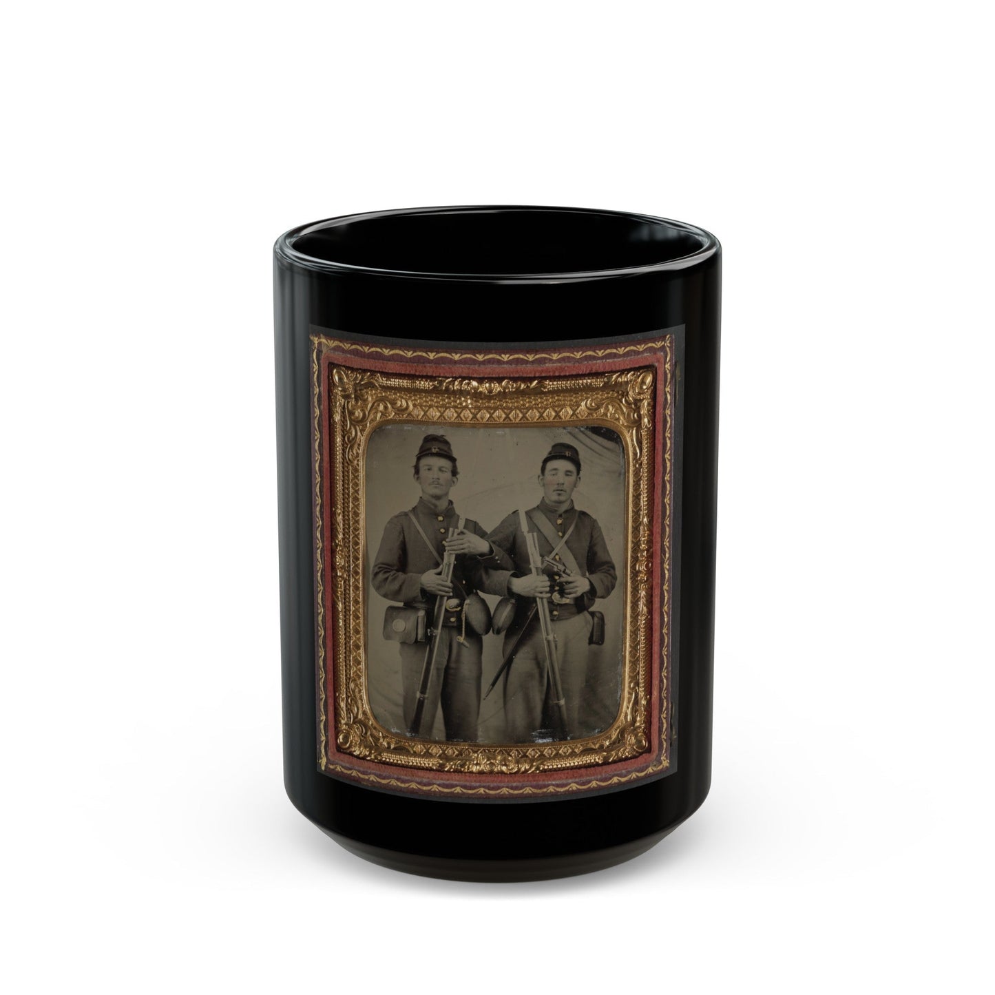 Two Unidentified Soldiers In Union Uniforms With Model 1809 Prussian Bayoneted Muskets And Model 1858 Cloth-Covered Canteens (1) (U.S. Civil War) Black Coffee Mug-15oz-The Sticker Space