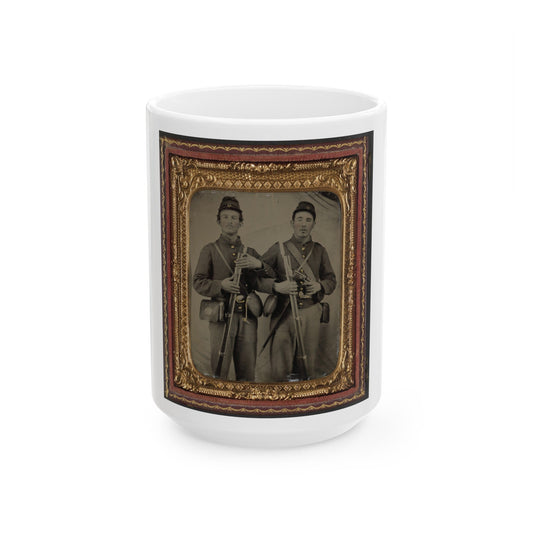 Two Unidentified Soldiers In Union Uniforms With Model 1809 Prussian Bayoneted Muskets And Model 1858 Cloth-Covered Canteens (1) (U.S. Civil War) White Coffee Mug-15oz-The Sticker Space