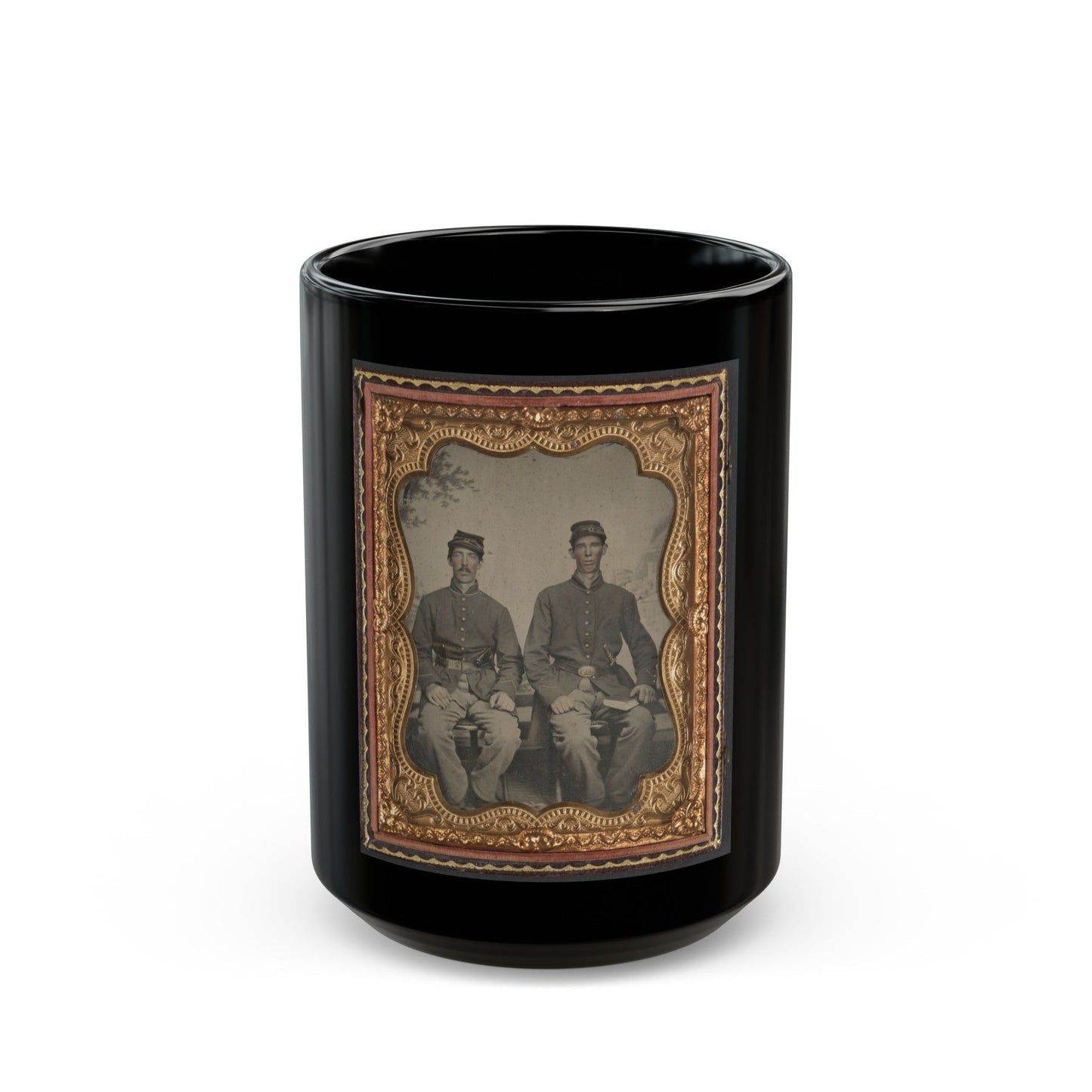 Two Unidentified Soldiers In Union Uniforms With Sword And Book In Front Of Painted Backdrop (U.S. Civil War) Black Coffee Mug-15oz-The Sticker Space