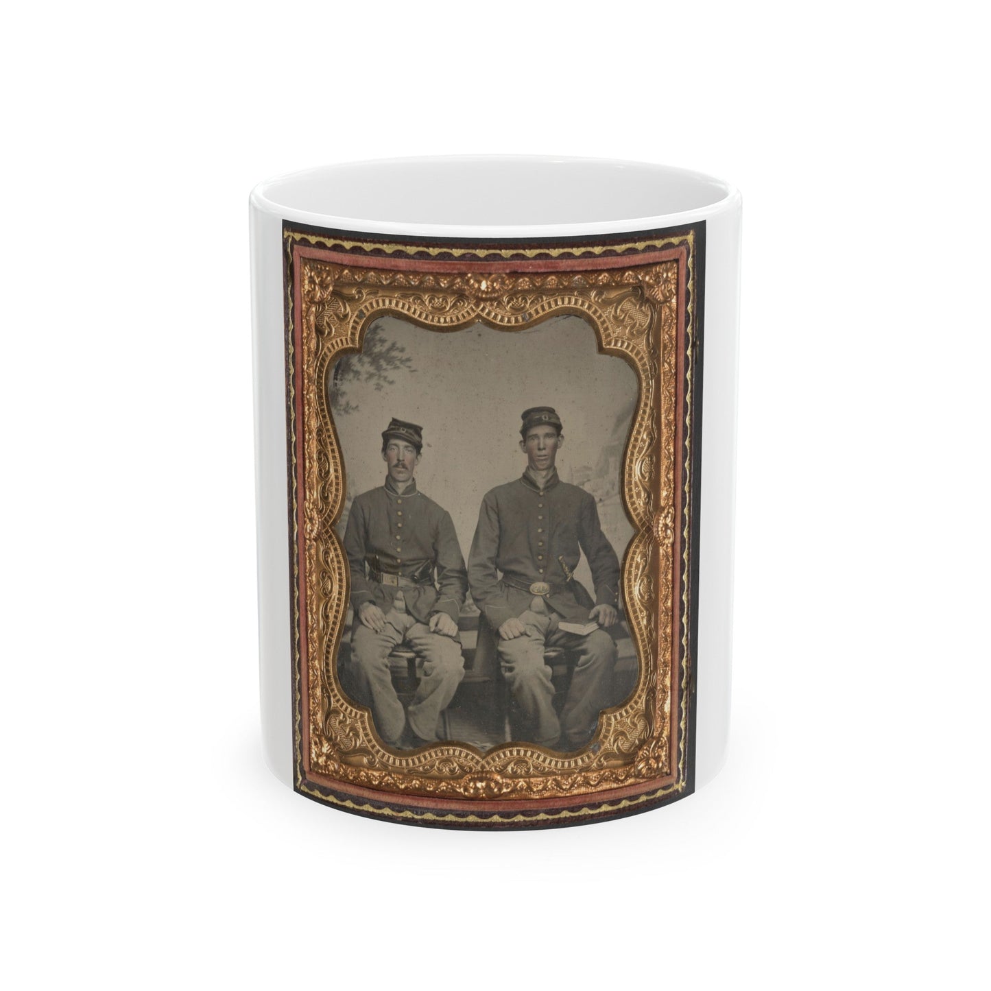 Two Unidentified Soldiers In Union Uniforms With Sword And Book In Front Of Painted Backdrop (U.S. Civil War) White Coffee Mug-11oz-The Sticker Space