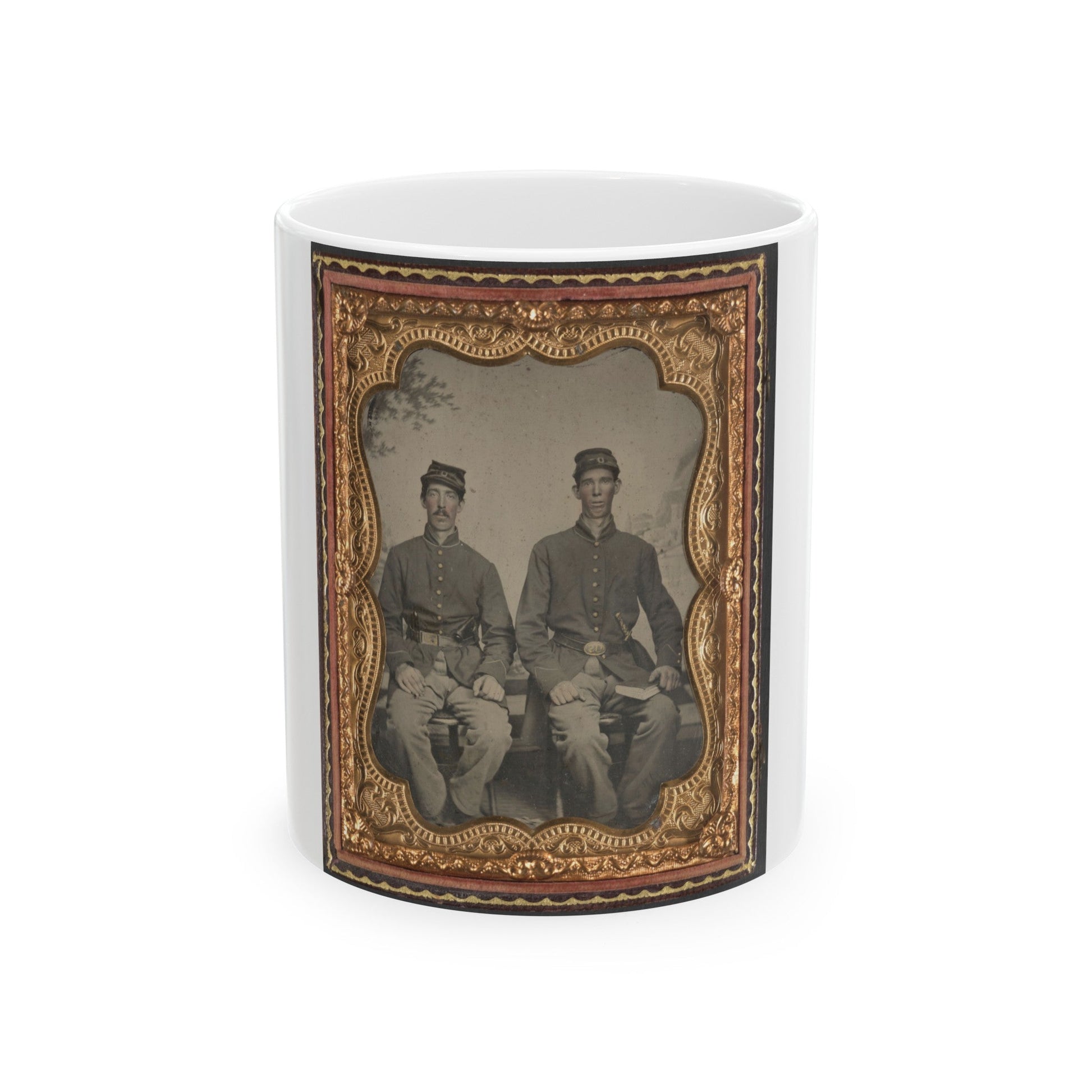 Two Unidentified Soldiers In Union Uniforms With Sword And Book In Front Of Painted Backdrop (U.S. Civil War) White Coffee Mug-11oz-The Sticker Space