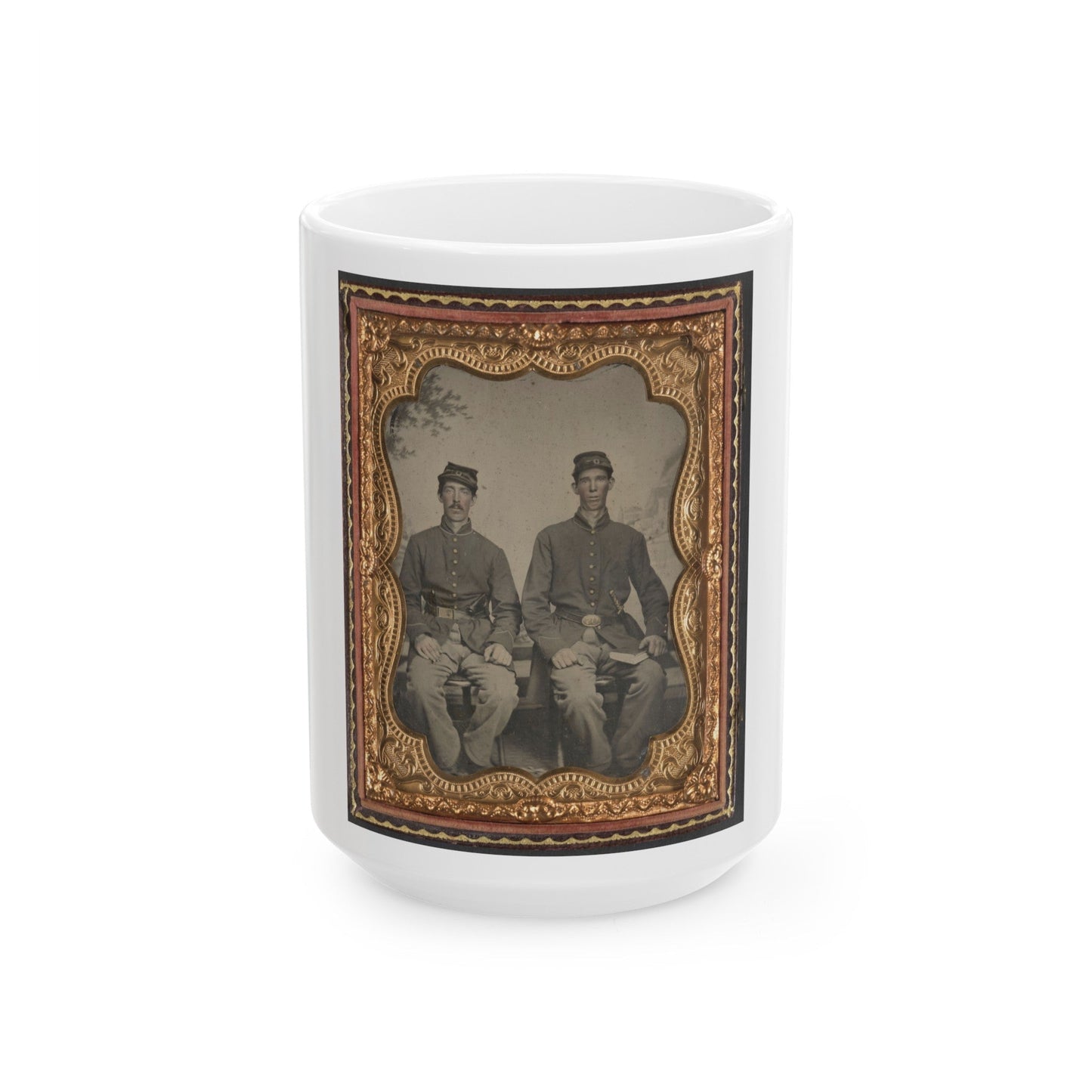 Two Unidentified Soldiers In Union Uniforms With Sword And Book In Front Of Painted Backdrop (U.S. Civil War) White Coffee Mug-15oz-The Sticker Space