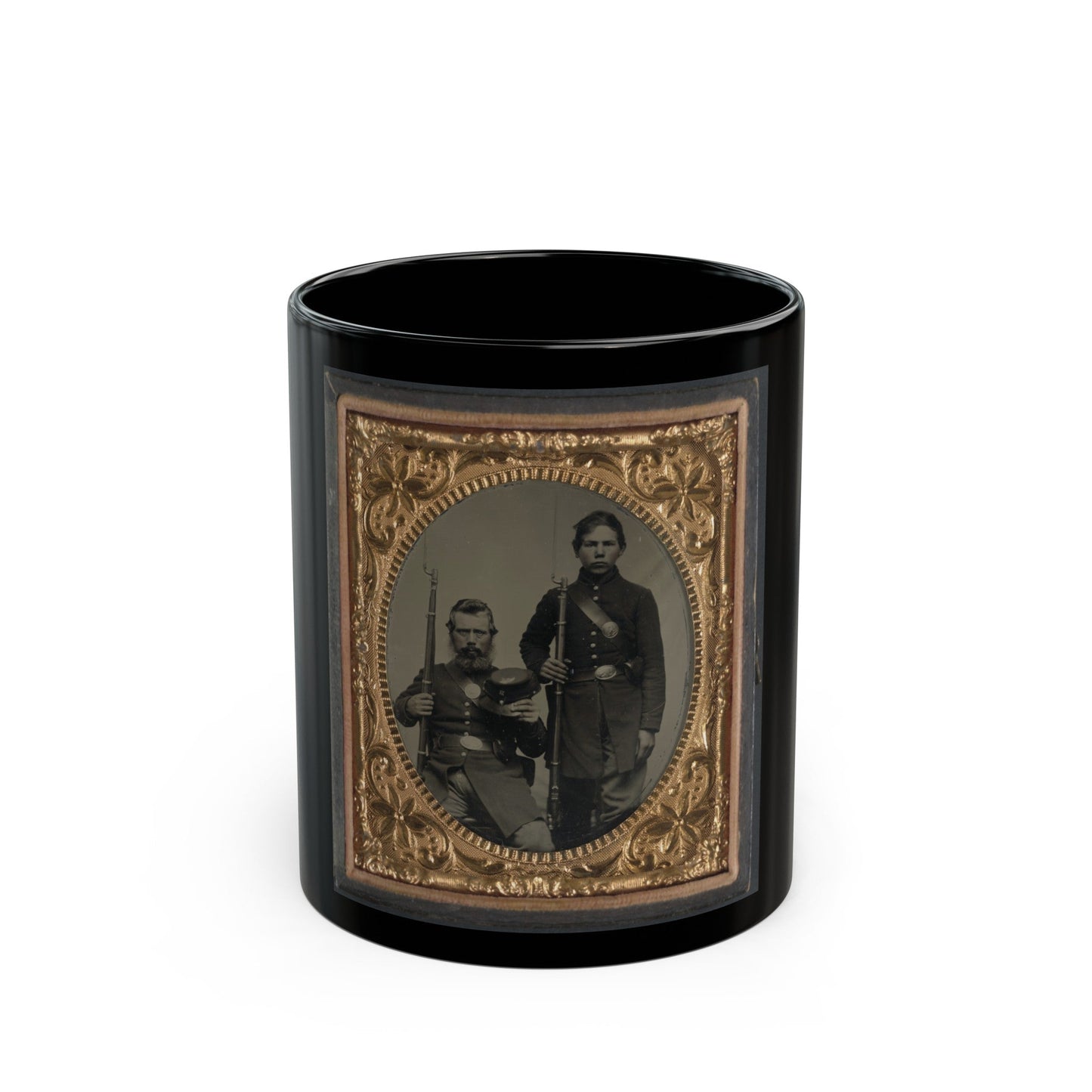 Two Unidentified Soldiers, Possibly Father And Son, In Union Uniforms And U.S. Belt Buckles With Bayoneted Muskets (U.S. Civil War) Black Coffee Mug-11oz-The Sticker Space