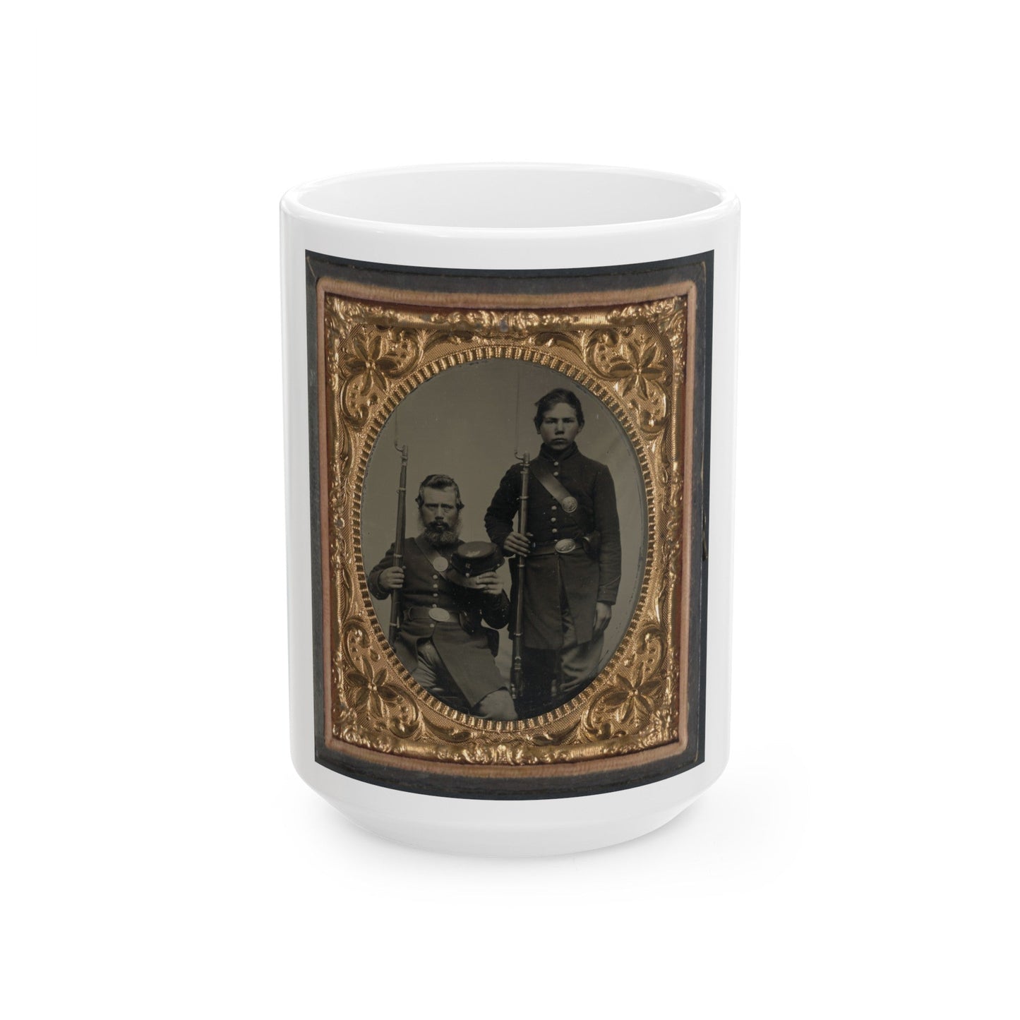 Two Unidentified Soldiers, Possibly Father And Son, In Union Uniforms And U.S. Belt Buckles With Bayoneted Muskets (U.S. Civil War) White Coffee Mug-15oz-The Sticker Space