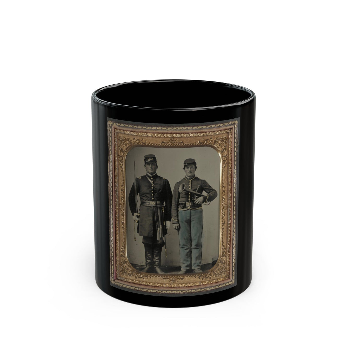 Two Unidentified Soldiers With Sword And Saxhorn (U.S. Civil War) Black Coffee Mug-11oz-The Sticker Space