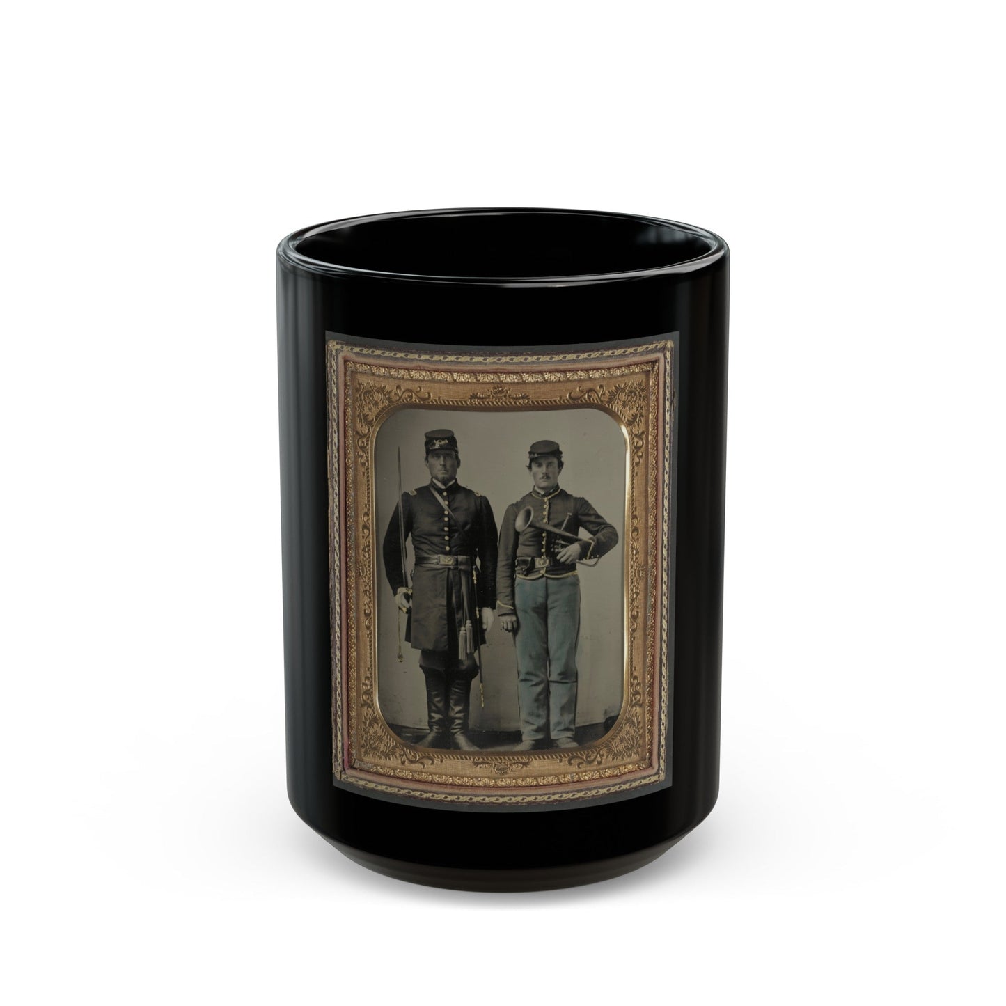 Two Unidentified Soldiers With Sword And Saxhorn (U.S. Civil War) Black Coffee Mug-15oz-The Sticker Space