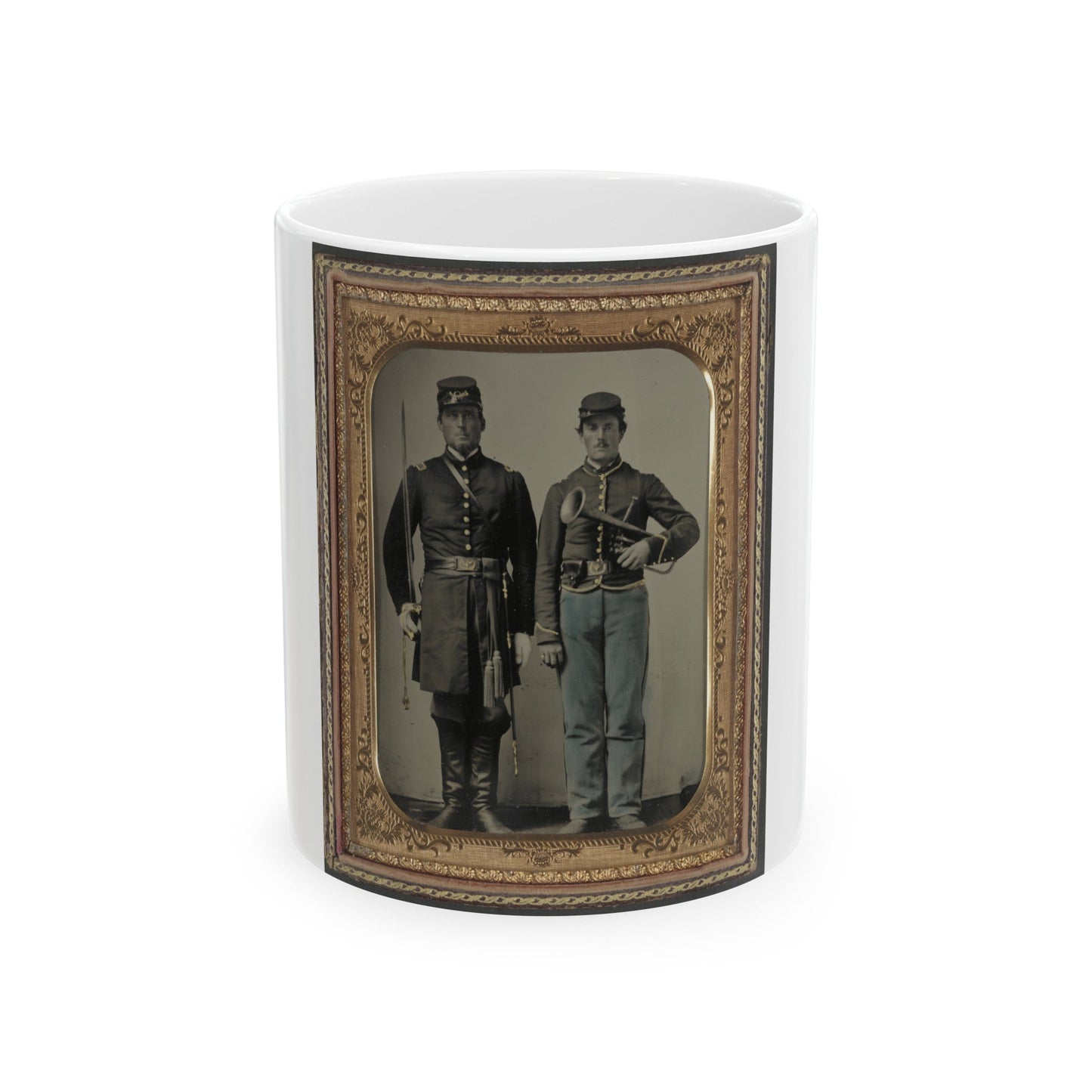 Two Unidentified Soldiers With Sword And Saxhorn (U.S. Civil War) White Coffee Mug-11oz-The Sticker Space