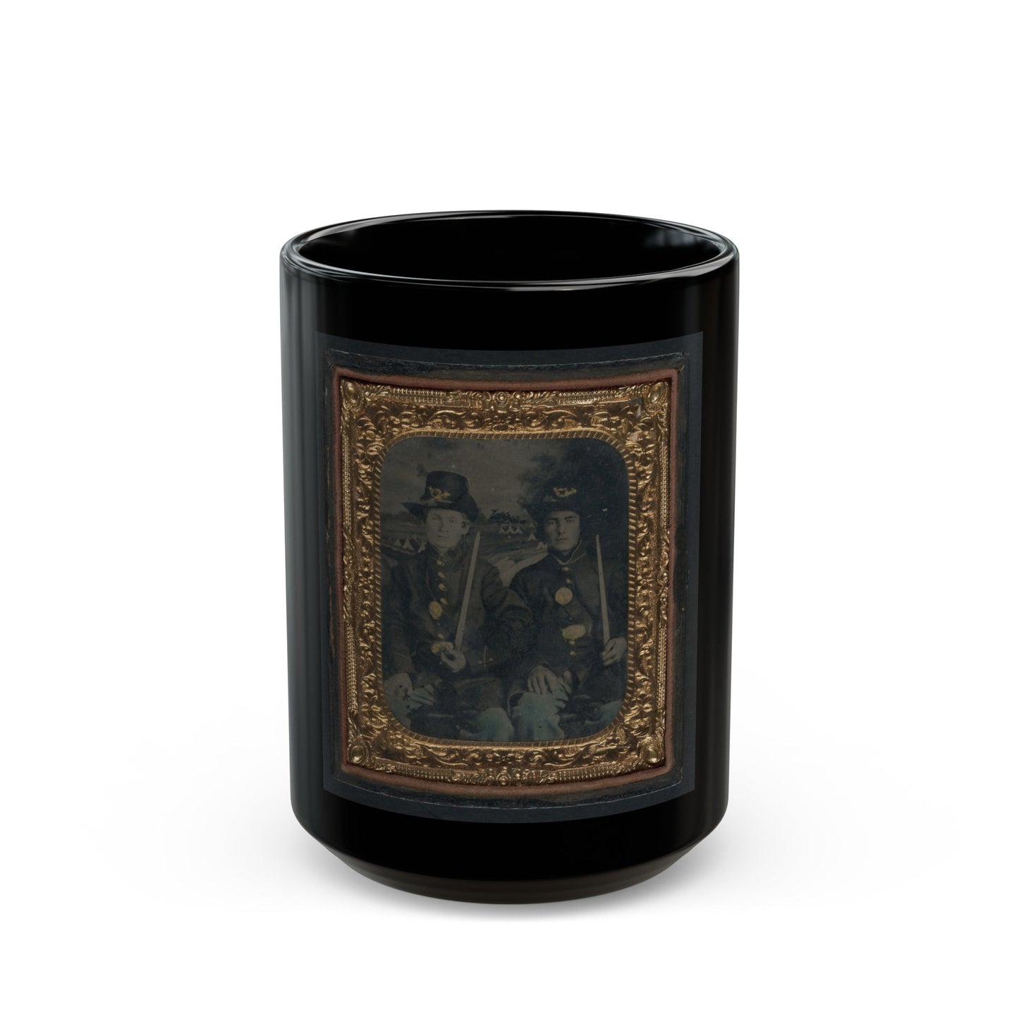 Two Unidentified Young Soldiers In Union Sack Coats And Hardee Hats With Bayonets (U.S. Civil War) Black Coffee Mug-15oz-The Sticker Space